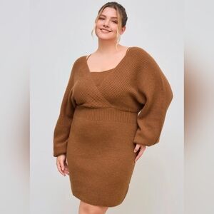 NEW CIDER Knit Square Neck Solid Wrap Mini Dress Curve & Plus BROWN 2XL